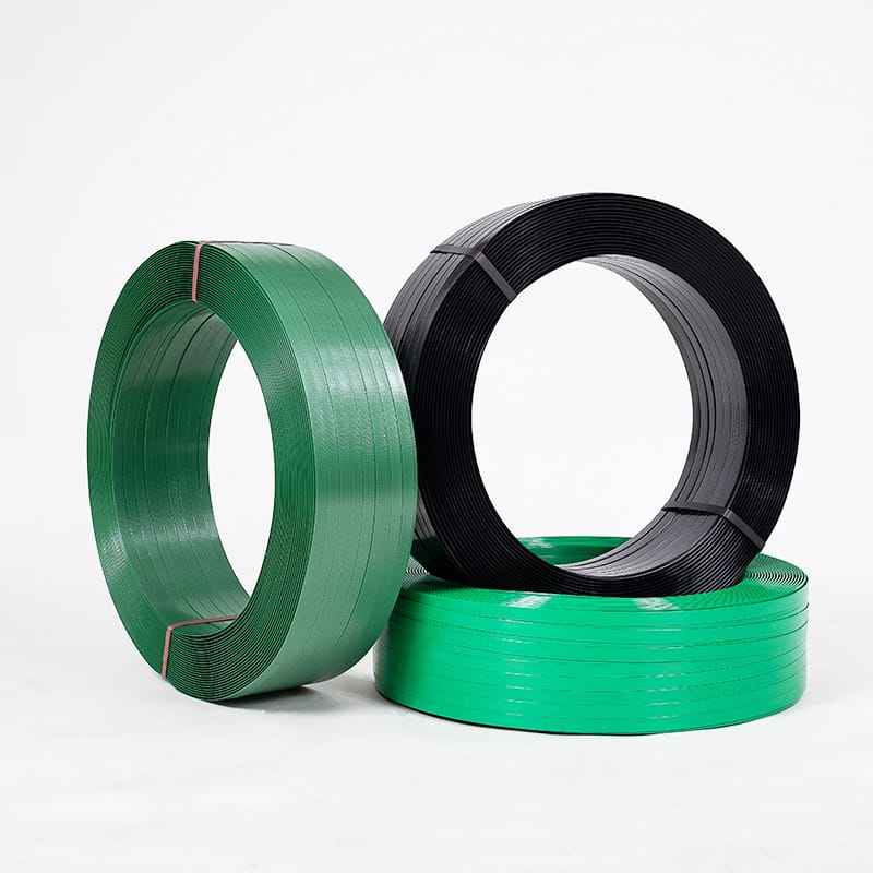 PET strapping rolls in different sizes used for industrial bundling.
