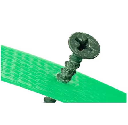 Close-up photo showing a screw puncture test on PET strapping material.