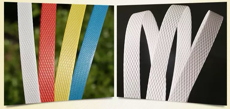 Sample photo showing multiple colors and textures of PP strapping.